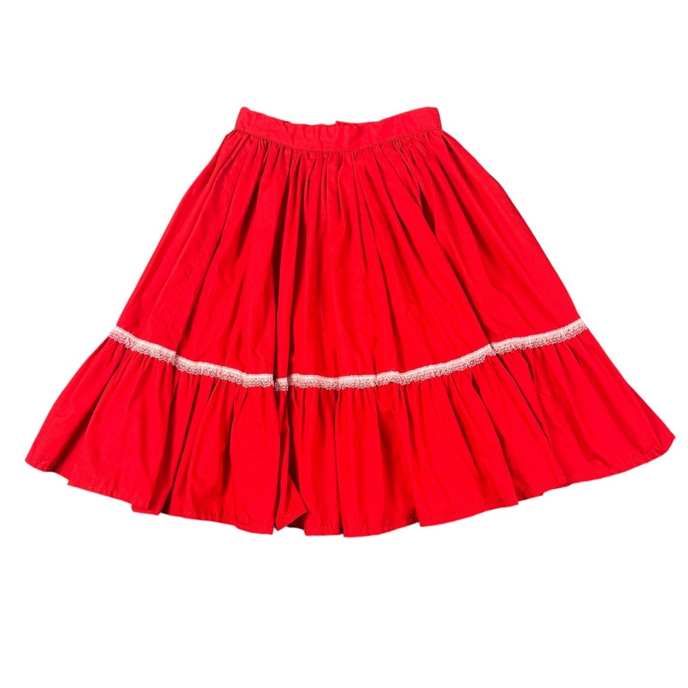 Red Prairie Midi Skirt Lace Trim Tiered Ruffle Western Square Dance Womens 26W